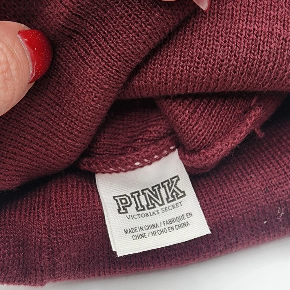 NWT PINK Victoria's Secret Logo Pom Beanie Burgundy